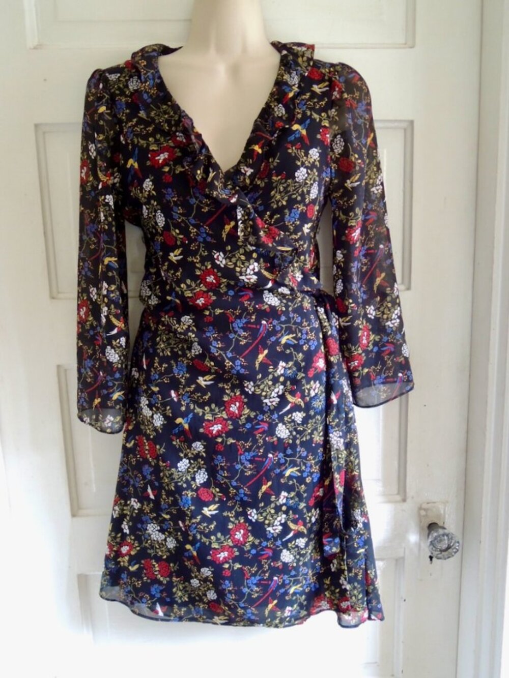 Madewell Finch Floral Black Multicolor Sheer Sleeve Ruffle Wrap Dress XS